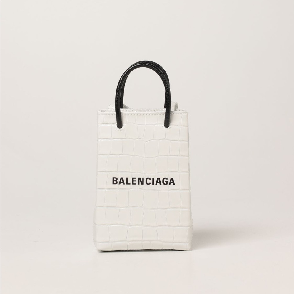 Balenciaga Mini Mock-Croc Phone Shopper Tote Bag White